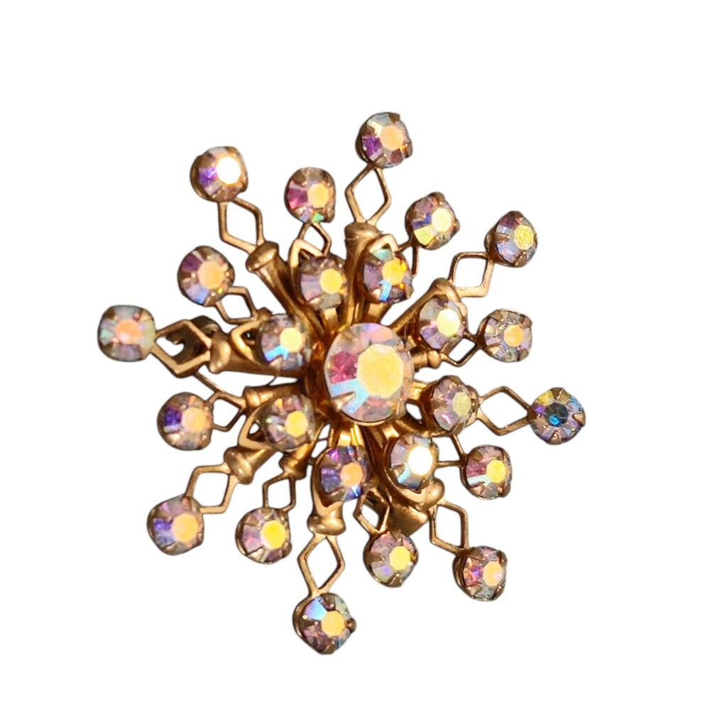🔥Gold Tone Floral Rhinestones Brooch Clip On Earrings Art Deco Set